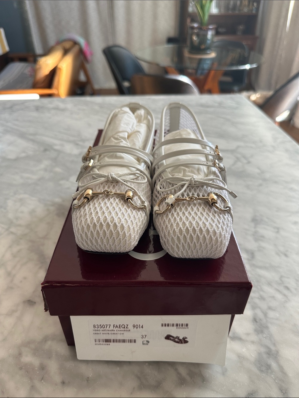 Gucci White Mesh Ballet Flats with Gold Horsebit Hardware size 37 NWT - Picture 2 of 5
